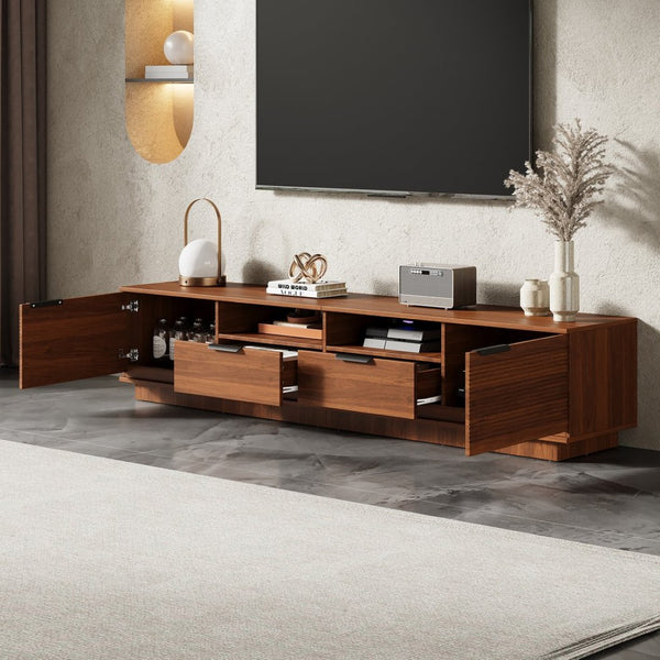 English Elm 78 Inch Walnut Media Console with Slatted Doors Solid Wood Legs and Cable Management N710P374714P