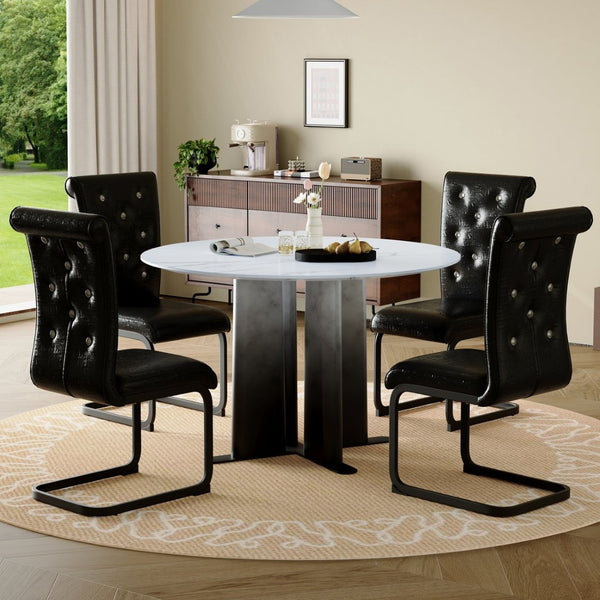 English Elm Modern Round Faux Marble Dining Set with Tufted Pvc Chairs for Compact Spaces W3875S00072