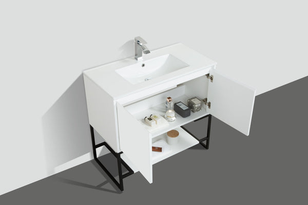 English Elm 36" Floating Bathroom Vanity Base Glossy White Wall Mount Soft Close Cabinet W1920P263626