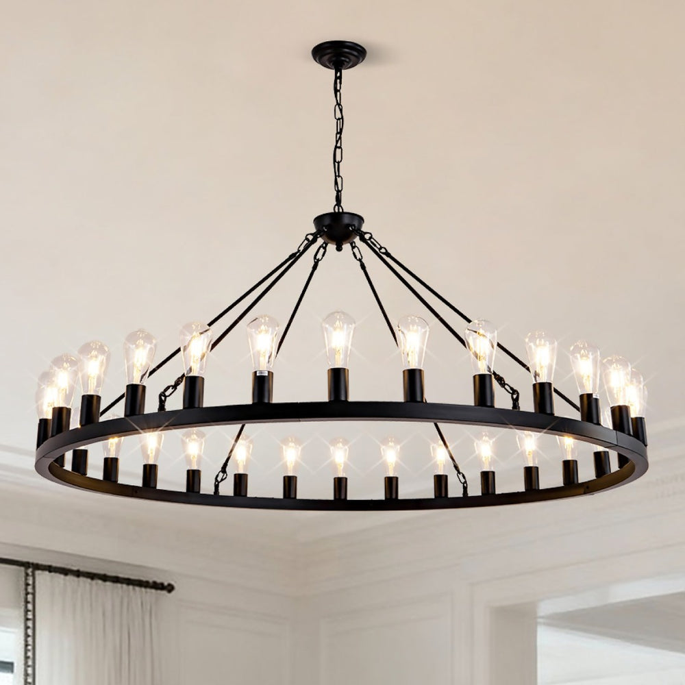 English Elm 64 Inch Wagon Wheel Chandelier Matte Black Farmhouse 30 Light Powder Coated Ring W5008P392688