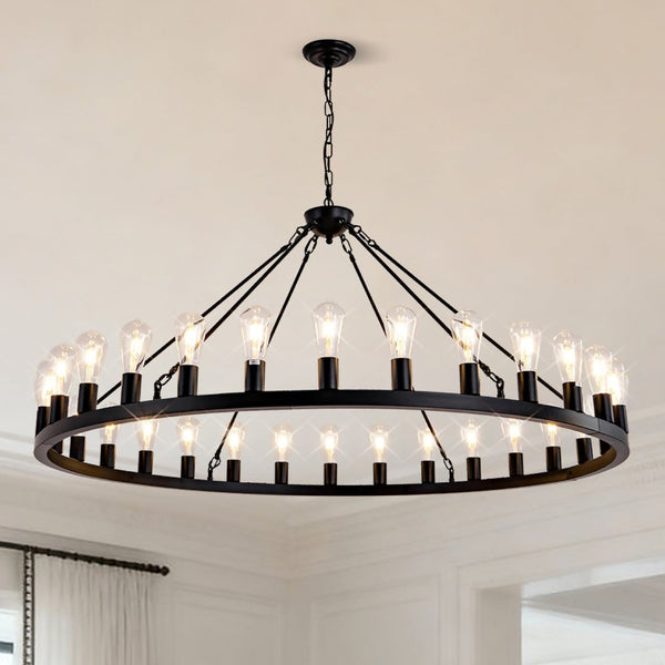 English Elm 64 Inch Wagon Wheel Chandelier Matte Black Farmhouse 30 Light Powder Coated Ring W5008P392688