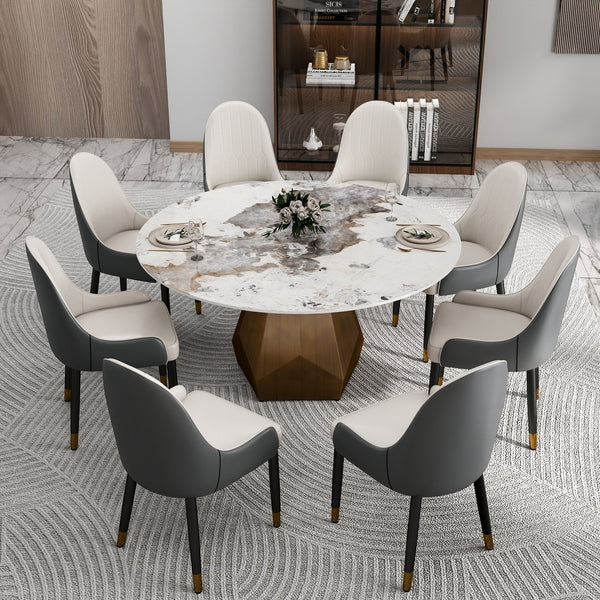 English Elm 59.05" Round Marble Dining Table – Elegant Metal Base For 6-8 People, Perfect For Dining & Living Rooms W1535S00455