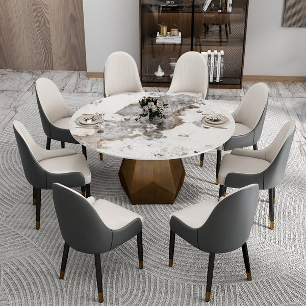 English Elm 59.05" Round Sintered Stone Dining Table with Lazy Susan Iron Base Seats 8 W1535S00630