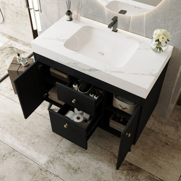English Elm 36" Freestanding Bathroom Vanity Sintered Stone Top Ceramic Sink Stainless Steel Legs Black,Gold,White W3136S00072