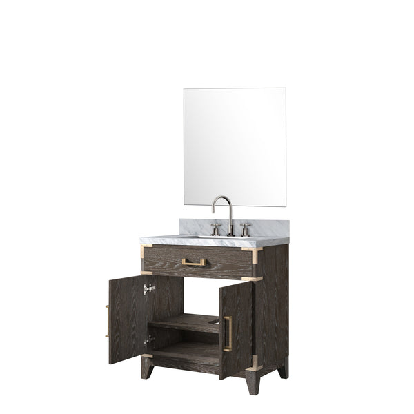 English Elm Brown Oak Single Sink Vanity Set With Carrara Marble Top, Chrome Faucet & 28" Mirror For Elegance B2731S02002