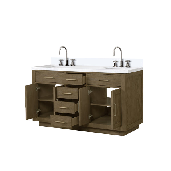 English Elm Grey Oak Double Bath Vanity 60" W x 22" D with White Quartz Top, Chrome Gooseneck Faucets, Soft-Close B2731P257753