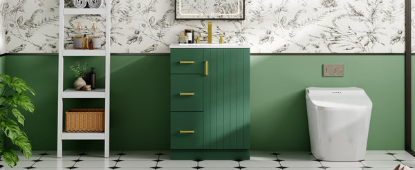 English Elm 24" Modern Bathroom Vanity with Under-Mount Sink, Vertical Stripe Design, 2 Drawers & Soft-Close Cabinet Green N710P288936F