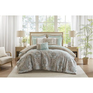 JLA Home 510 Design - 8 Piece Comforter Set with Seafoam & Brown Damask, Diamond Quilting, Hypoallergenic Microfiber Elegance 90 L x 90 W x 1.5H 5DS10-0050
