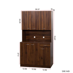 English Elm 70.87" Melamine Wardrobe & Kitchen Cabinet, 6-Door Storage with Drawer & Open Shelf, Walnut Finish, Durable Sturdy Design W331S00172