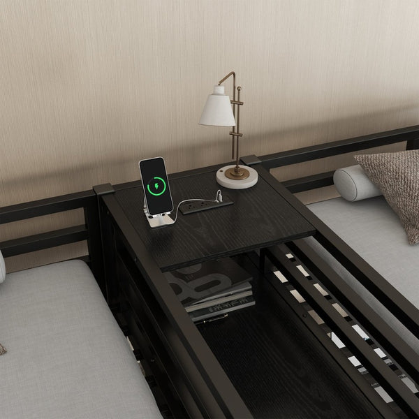 English Elm Twin Metal Loft Bed With Dual Desks, Wardrobe, Shelves & Power Outlet For Ultimate Space-Saving Design W1580S00114-GIGA