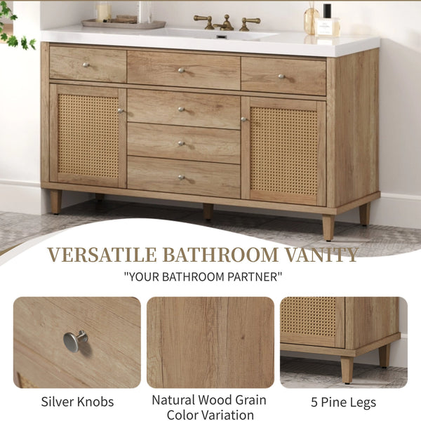 English Elm Christopher Knight Home® - 60" Modern Bathroom Vanity with Durable SMC Sink, Rattan Doors, Soft-Close Drawers, Pine Legs Antique Natural N817P296130N