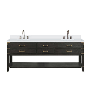 English Elm Black Oak Double Bath Vanity 84" W With White Quartz Top, Chrome Faucet & Ample Storage Solutions B2731P261079