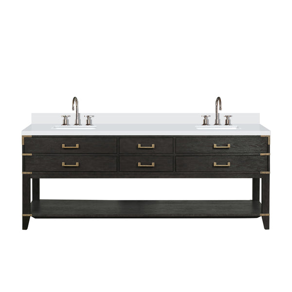 English Elm Black Oak Double Bath Vanity 84" W With White Quartz Top, Chrome Faucet & Ample Storage Solutions B2731P261079