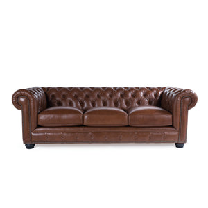 English Elm Traditional Tufted Leather Chesterfield Sofa with Feather-Down Cushions, Nailhead Trim & Wood Legs Light Brown B193P200141