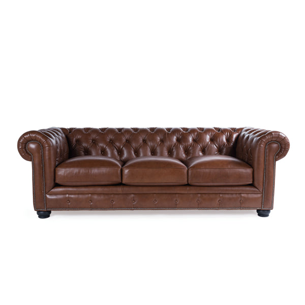 English Elm Traditional Tufted Leather Chesterfield Sofa with Feather-Down Cushions, Nailhead Trim & Wood Legs Light Brown B193P200141