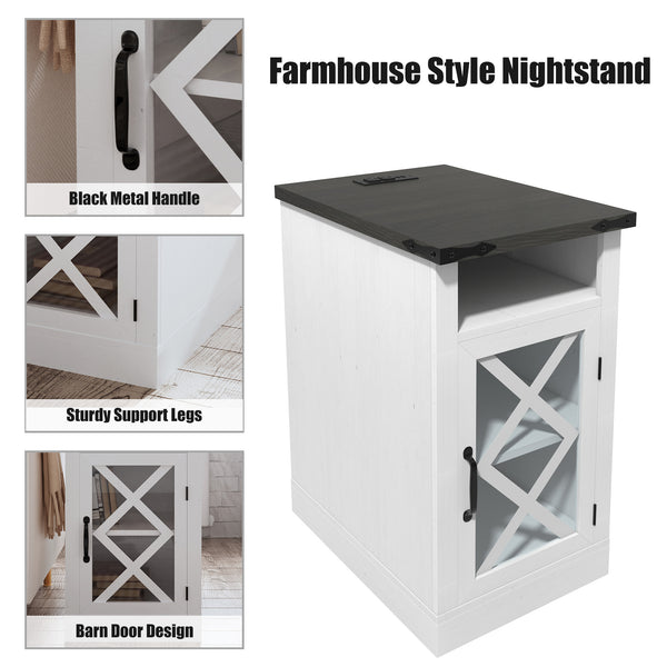 English Elm Farmhouse Nightstand with Charging Station, 15.4" Rustic Barn Door End Table, USB & AC Outlets, White T3609P332411