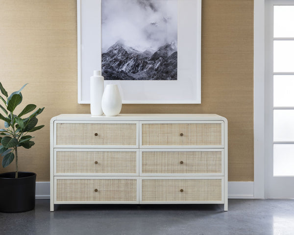 Sunpan Tierra Dresser - Coastal-Inspired Elegance with Rattan Detailing and Soft-Close Drawers for Style Small - 63W x 17.75D x 33.5H