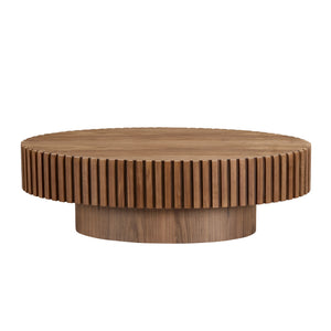 English Elm Modern Handcraft Drum Coffee Table Length 43.7 Inch Ellipse Coffee Table For Living Room,Oval Small Coffee Table With Sturdy Pedestal,Walnut Mdf