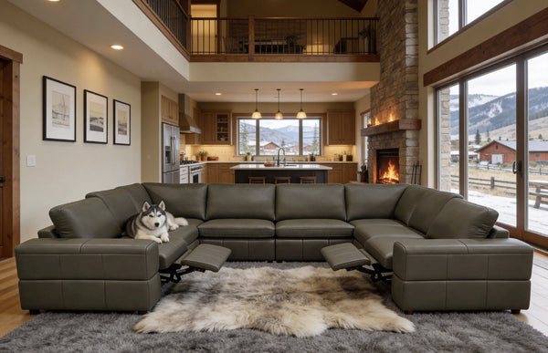 English Elm Premium Leather Match Sectional with Dual Recliners Wide Square Arms Living Room Olive Green B2748S00160
