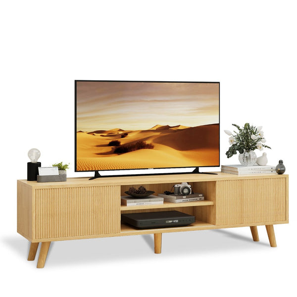 English Elm Fluted Wave Door Oak Finish Tv Stand with Open Shelving for Modern Living Rooms T3773P416488