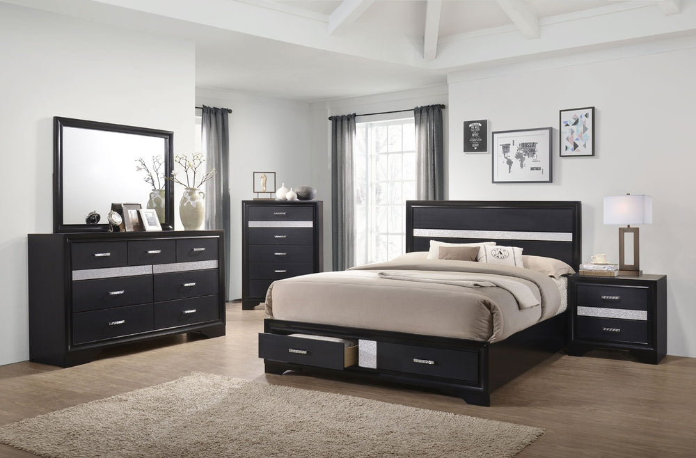 English Elm Corbin Queen Bedroom Set with Crystal Pulls Metallic Trim and Footboard Storage Drawers Black B062S00785