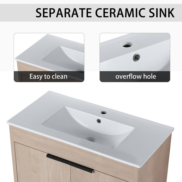 English Elm 84 Inch Freestanding Bathroom Vanity with Integrated Resin Sink, Soft-Close Doors, Shelves & Extra Storage Space Glossy White,Plain Light Oak W999S00320