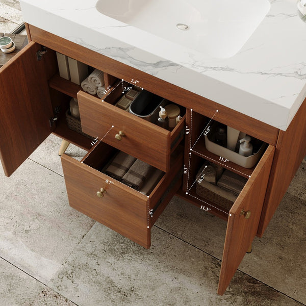 English Elm 36" Freestanding Bathroom Vanity Sintered Stone Top Ceramic Sink Stainless Steel Legs Gold,Walnut,White W3136S00074
