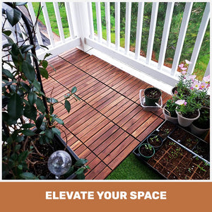 English Elm 30 Interlocking Deck Tiles 12" Square Acacia Hardwood Striped Outdoor Flooring Waterproof DIY Brown W2391P276690