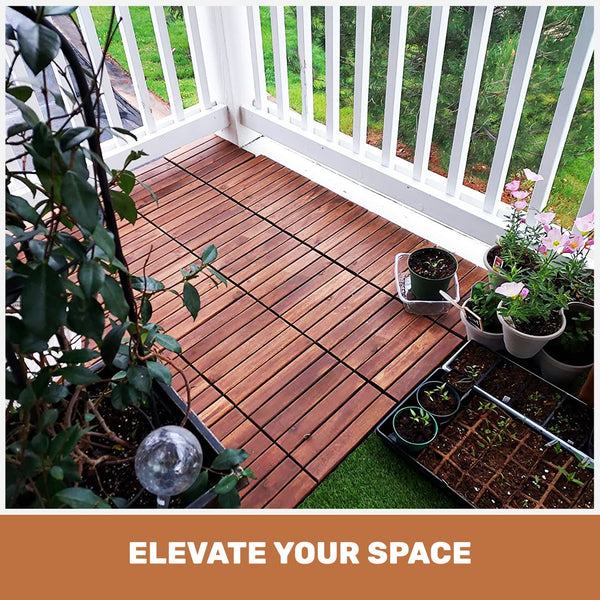 English Elm 30 Interlocking Deck Tiles 12" Square Acacia Hardwood Striped Outdoor Flooring Waterproof DIY Brown W2391P276690