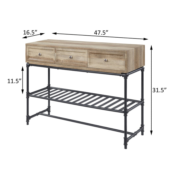 English Elm Mankato Oak and Sandy Black Sofa Table with 3 Drawers, Slatted Shelf & Powder-Coated Metal Legs B062P186450