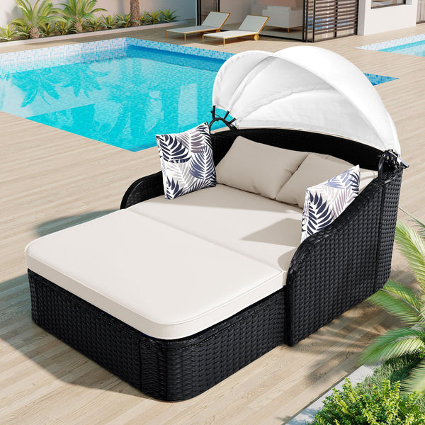 English Elm GO Outdoor Sun Bed with Adjustable Canopy, Durable PE Rattan Double Lounger, Zippered Cushions and Pillows for Easy Care and 500lb Capacity Beige+Black FG201223AAK