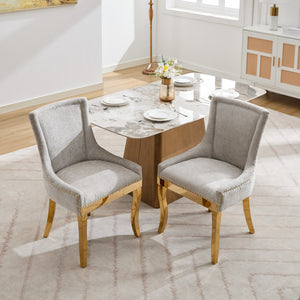 English Elm Chenille Plush Dining Chair with Curved Gold-Plated Legs, Rivet Trim, Textured Upholstery Comfort Beige W1143P332684
