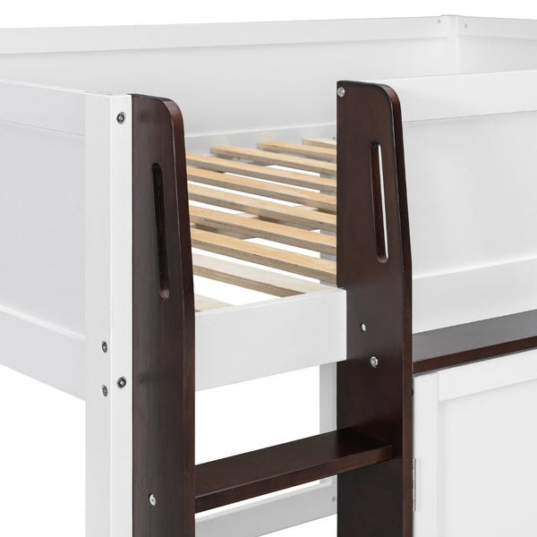 English Elm Twin House Loft Bed with Pull Out Rolling Desk Stair Drawers and Cabinet Storage Espresso+White N820S00074P