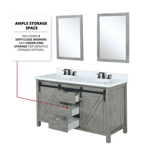 English Elm Ash Grey Double Bath Vanity With White Quartz Top, Matte Black Faucet, & 24" Mirrors - Stylish Storage B2731S01072