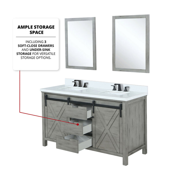 English Elm Ash Grey Double Bath Vanity With White Quartz Top, Matte Black Faucet, & 24" Mirrors - Stylish Storage B2731S01072