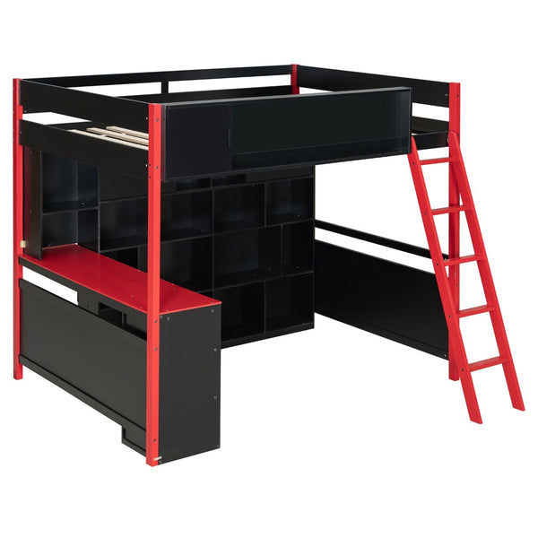 English Elm Full Size Gaming Loft Bed with Led Lighting Desk Drawers and Display Shelving Red LT000263AAJ