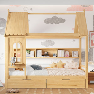 English Elm Full House Solid Wood Platform Bed with Window Roof, Under-Bed Drawers & Shelves for Kids' Rooms Natural W1580S00268
