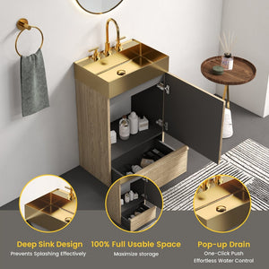 English Elm Gada Fluted Sage Freestanding Bathroom Vanity with Brushed Brass Vessel Sink Cabinet Light Oak W1865S00217