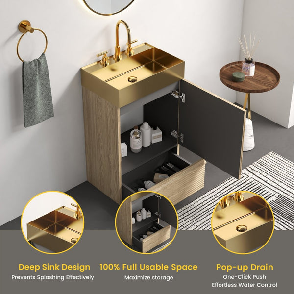 English Elm Gada Fluted Sage Freestanding Bathroom Vanity with Brushed Brass Vessel Sink Cabinet Light Oak W1865S00217