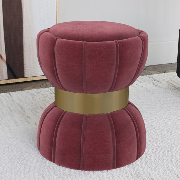 English Elm Round Velvet Upholstered Ottoman with Gold Band, Hourglass Design, Piped Velvet Seat for Extra Seating and Footrest B016P383643