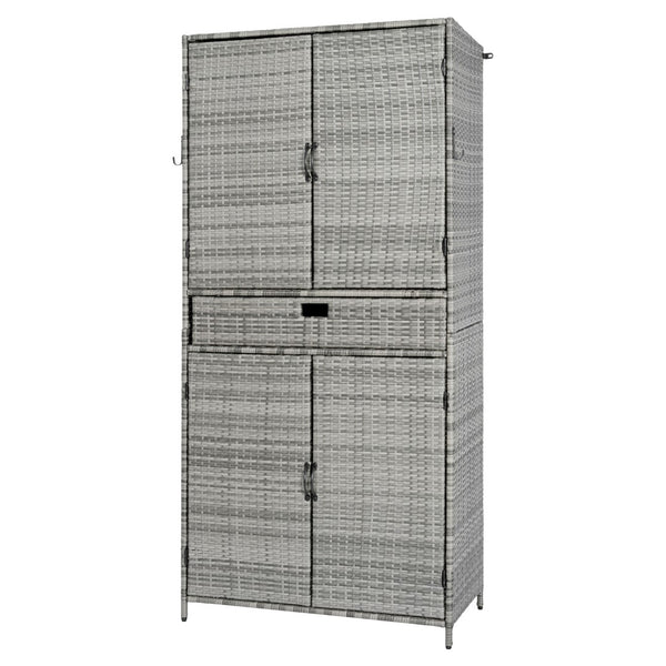 English Elm K&k Tall Arched Pe Rattan Outdoor Storage Cabinet with Adjustable Shelves and Steel Frame Grey N707P420102G