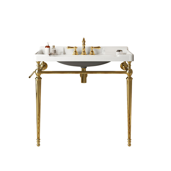 English Elm VICI 36" Bathroom Console Sink with Integrated Ceramic Basin, 3-Hole Faucet, Stainless Legs & Towel Bar Gold,White W2615S00105
