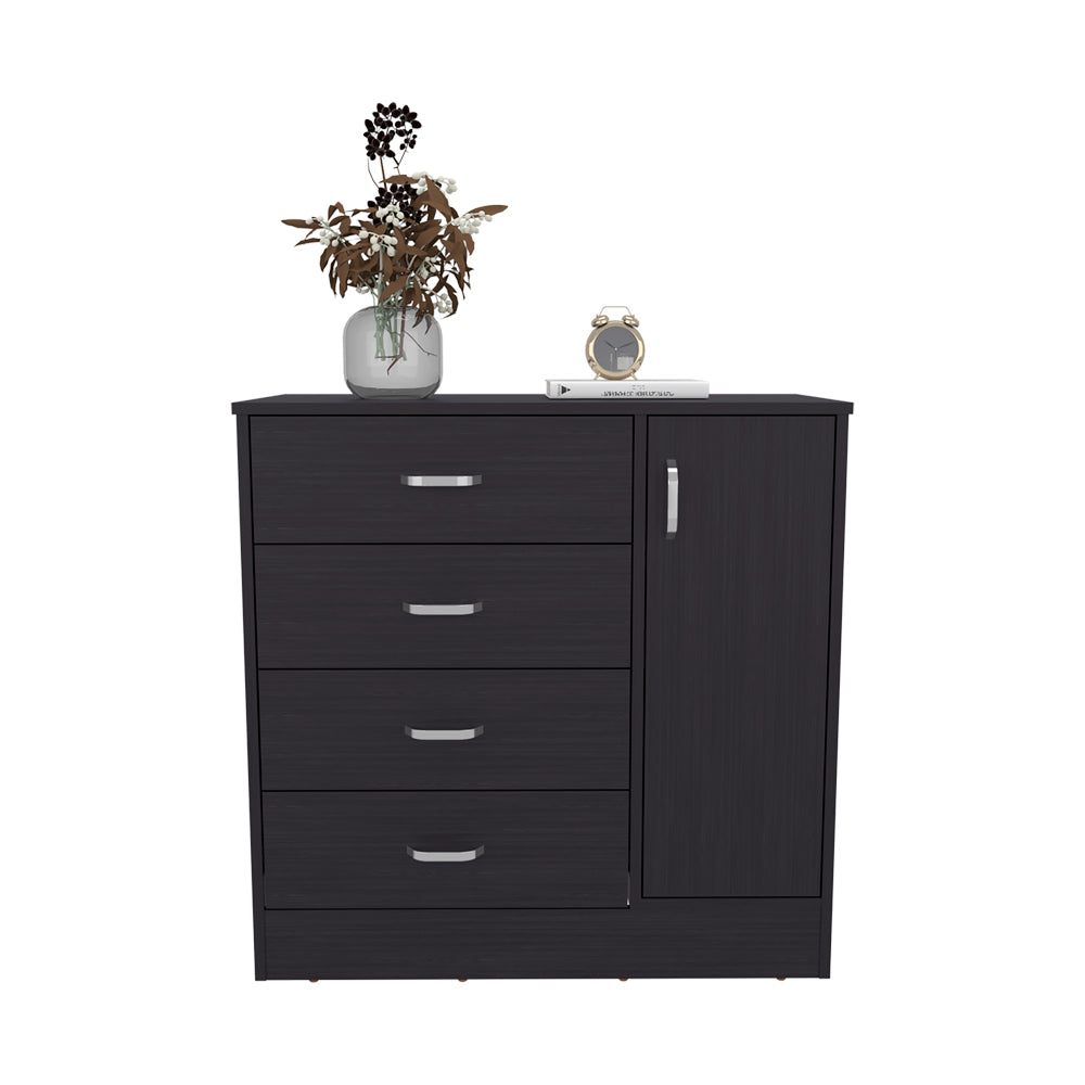 English Elm Wilmore 4-Drawer Living Room Storage Cabinet in Black with Side Shelves, Sleek Silver Handles Durable Finish B092P315571