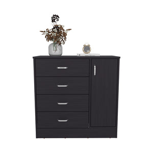 English Elm Wilmore 4-Drawer Living Room Storage Cabinet in Black with Side Shelves, Sleek Silver Handles Durable Finish B092P315571
