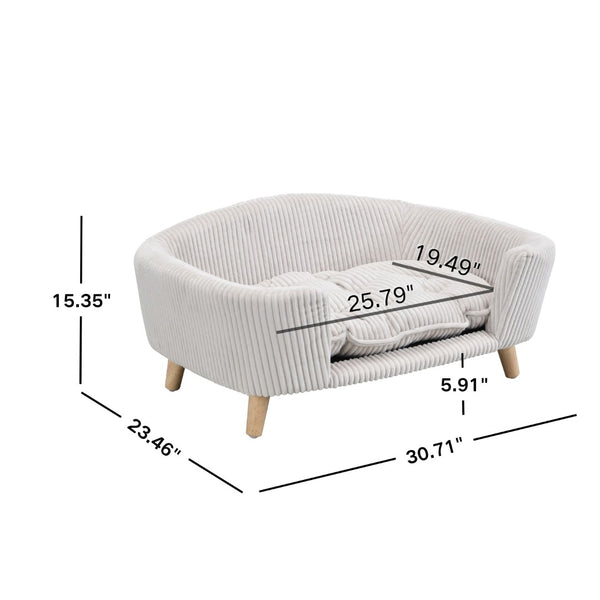 English Elm Elevated Pet Sofa with Corduroy Upholstery Rubberwood Legs and Supportive Foam for Small Dogs Beige N779P395017A