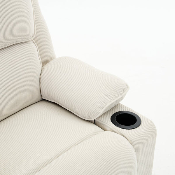 English Elm Ivory Corduroy Recliner with Heat, Massage & Assistive Lift — Remote Control, Cup Tray Comfort W570P320340