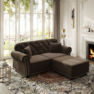English Elm 63"upholstered Velvet Loveseat with Button Tufting Brass Nailhead Trim Mid-century Chesterfield Brown W1885S00377