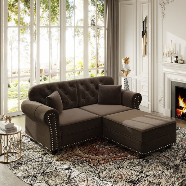 English Elm 63"upholstered Velvet Loveseat with Button Tufting Brass Nailhead Trim Mid-century Chesterfield Brown W1885S00377