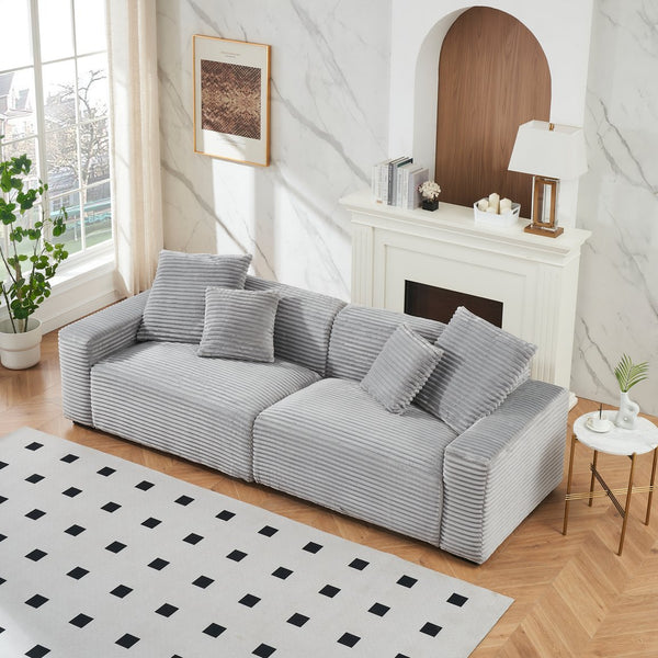 English Elm 104.72-inch 4-seat sofa with four washable throw pillows, corduroy comfort fabric, solid wood frame, 500lb capacity and modern living room style Gray W1658S00146