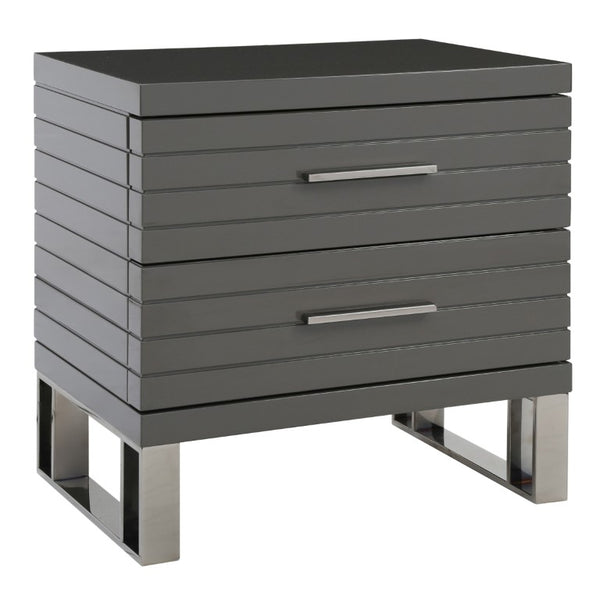 VIG Furniture Splendor Dark Grey High-Gloss Nightstand With Two Soft-Close Slatted Drawers & Gunmetal Handles VGVCN20256-GRY-NS